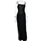 Lace up square neck slit solid backless cami maxi dress