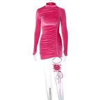 Velvet flower applique drawstring solid long sleeve gloves self tie mini dress