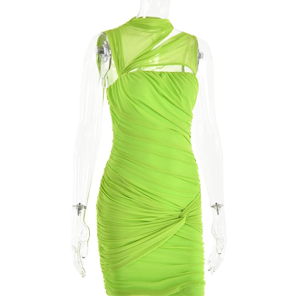 Sleeveless irregular hollow out mesh knotted ruched mini dress