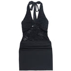 Halter self tie hollow out lace ruched cut out mini dress  | Festival Outfits Women