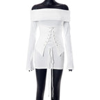 Lace up long sleeve off shoulder ruched solid mini dress