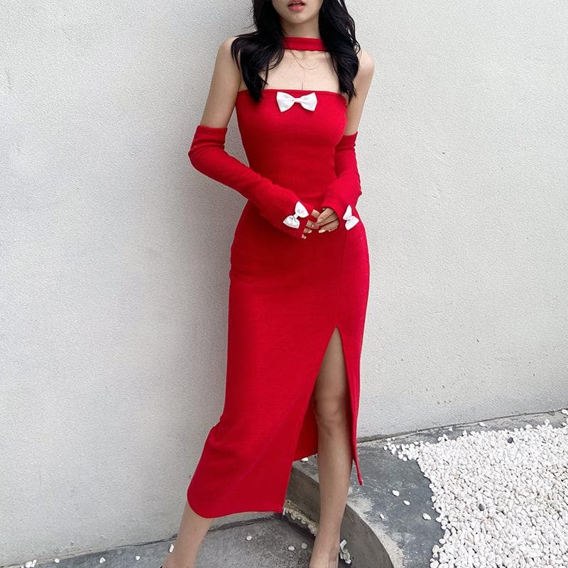 Solid halter bowknot applique slit gloves midi dress
