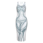 Line pattern contrast u neck body print sleeveless midi dress