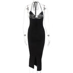 Sleeveless solid hollow out slit self tie backless midi dress
