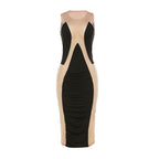 Sleeveless mesh contrast round neck midi dress