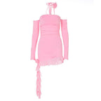 Long sleeve off shoulder flower applique ruffle ruched mini dress