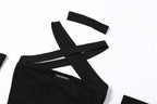 Solid mesh off shoulder cross front gloves metal tag mini dress