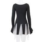 Long flared sleeve bowknot self tie u neck contrast patchwork mini dress