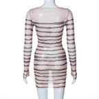 Long sleeve striped print sheer mesh crewneck ruffle mini dress