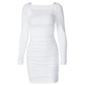 Long sleeve solid square neck ruched mini dress