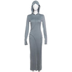 Stitch hoodie solid long sleeve slit maxi dress
