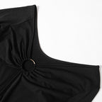 Long flared sleeve irregular solid ruffle o ring hollow out mini dress