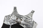 Mesh v neck drawstring buckle ruched metal mini dress