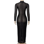 Plaid see through high neck solid long sleeve maxi dress