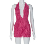 Textured ruffle solid halter self tie v neck backless mini dress