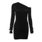 Long sleeve one shoulder irregular bowknot hollow out mini dress