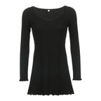 Long sleeve solid ruffle v neck ribbed mini dress