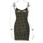 Plaid contrast print ruffle low cut backless cami bodycon dress