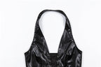 Lace up front halter backless PU leather top