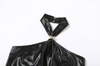 Halter PU leather button butterfly applique top  | Festival Outfits Women