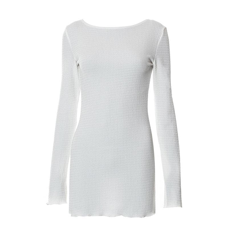 Textured solid self tie backless long sleeve ruffle mini dress
