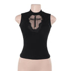 Sleeveless crewneck cross pattern solid top  | Festival Outfits Women