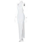 Slit halter sleeveless solid backless ruched maxi dress