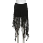 Lace mesh patchwork ruched ruffle midi skirt  | Festival Outfits Women