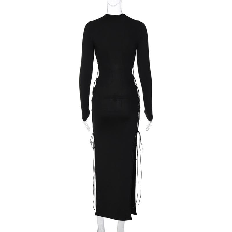 Long sleeve solid hollow out slit self tie lace up midi dress