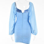 Mesh solid long sleeve ruched notch neck zip-up mini dress