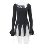 Long flared sleeve bowknot self tie u neck contrast patchwork mini dress