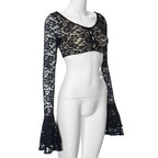 Long flared sleeve lace u neck button backless crop top  | Festival Outfits Women