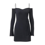 Long sleeve off shoulder textured hollow out cami mini dress - Final Sale