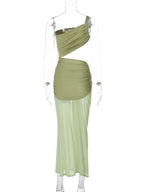 One shoulder ruched hollow out mesh cut out maxi dress  | Festival Outfits Women