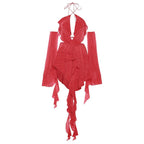 Textured gloves ruffle solid hollow out halter backless mini dress