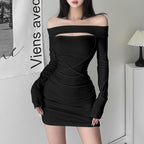 Lace up solid hollow out off shoulder long sleeve mini dress