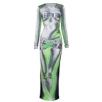 Long sleeve body print crewneck abstract contrast maxi dress