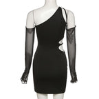 Long mesh sleeve off shoulder hollow out irregular dress