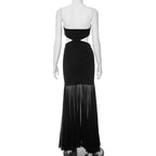 Ruched bowknot backless hollow out ribbon patchwork tube maxi dress
