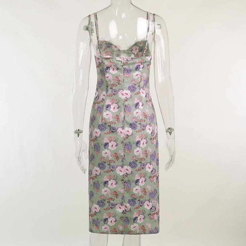 Sleeveless slit lace hem backless flower pattern print cami dress