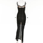 Mesh lace hem zip-up slit solid backless cami midi dress