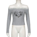 Long sleeve off shoulder ribbed heart pattern lace hem top  | Festival Outfits Women