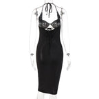 Mesh see through hollow out halter midi dress