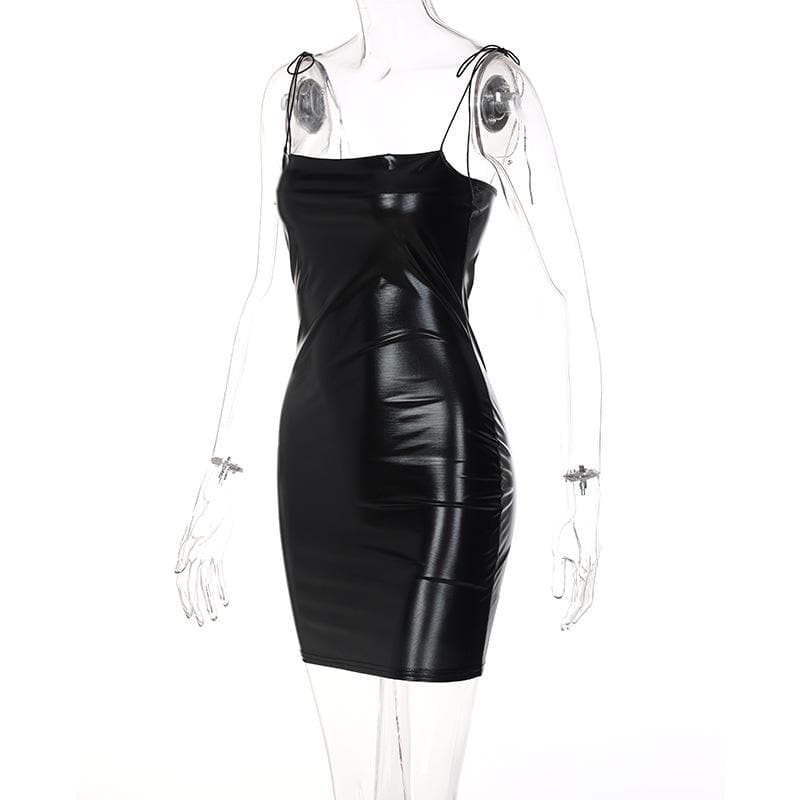 Sleeveless solid PU leather self tie backless mini dress