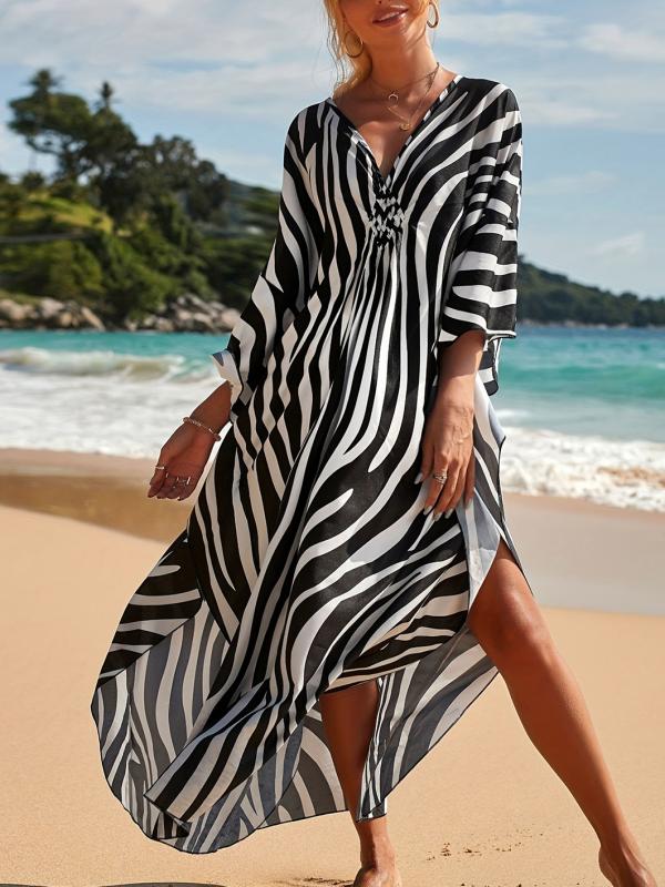Kay Elevated Beach Dress with Zebra Print and V Neck Premium Wardrobe Essential