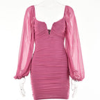 Mesh solid long sleeve ruched notch neck zip-up mini dress