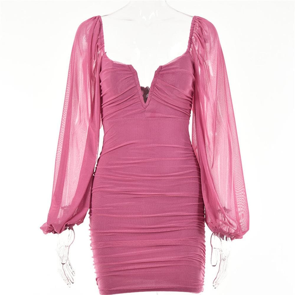 Mesh solid long sleeve ruched notch neck zip-up mini dress