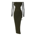Long sleeve off shoulder hight slit mesh backless irregular midi dress