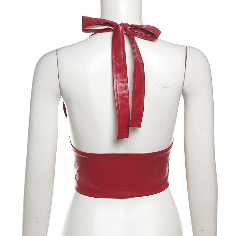 Halter PU leather V neck corset button top  | Festival Outfits Women