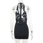 Halter self tie hollow out lace ruched cut out mini dress  | Festival Outfits Women